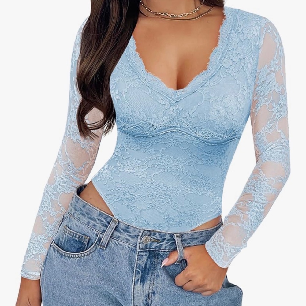 SAUNGKUAI Women's V Neck Lace Bodysuit Long Sleeve Bodysuits Double Lined Going